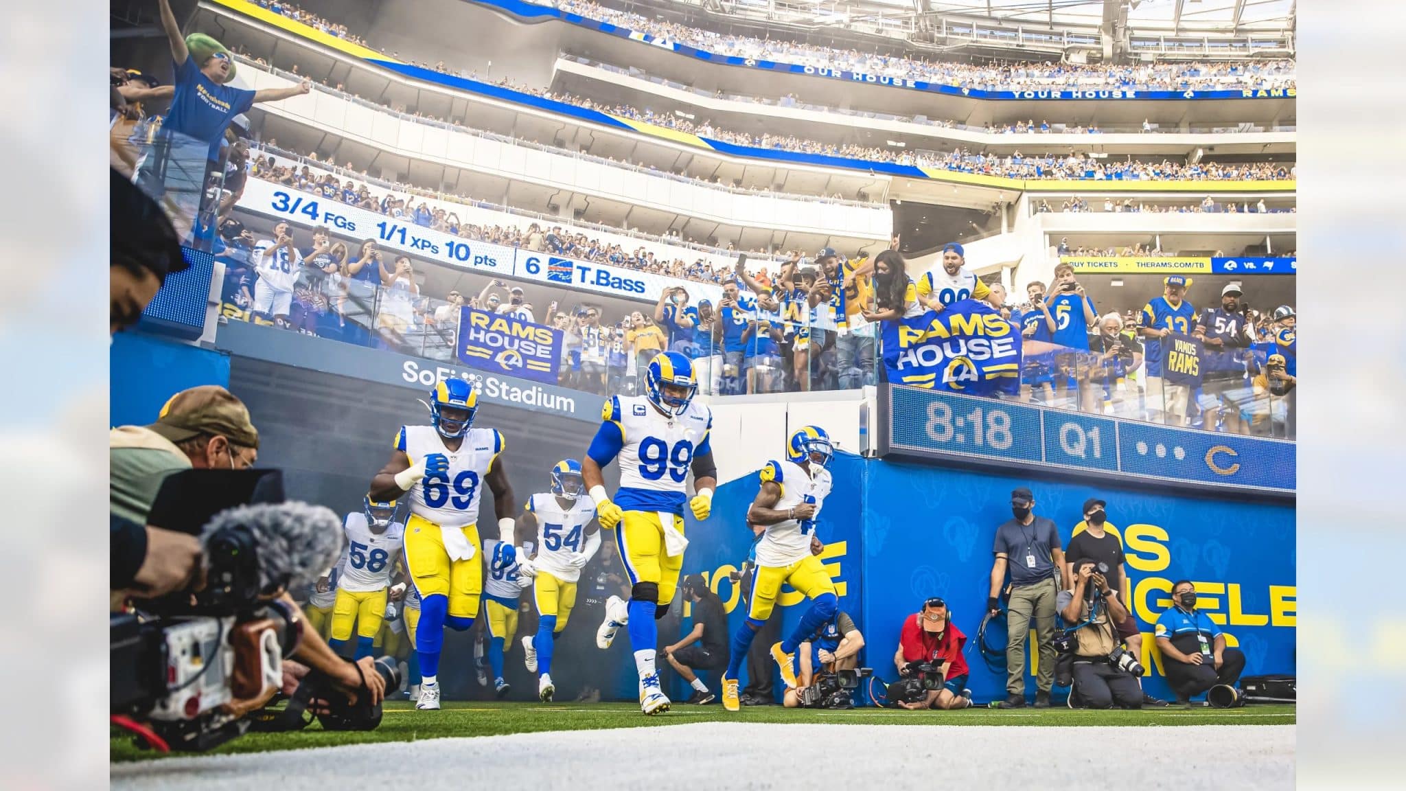 Los Angeles Rams Defense Runs Out Of The Tunnel At Sofi Stadium. Photo Credit: Jeff Lewis | LA Rams