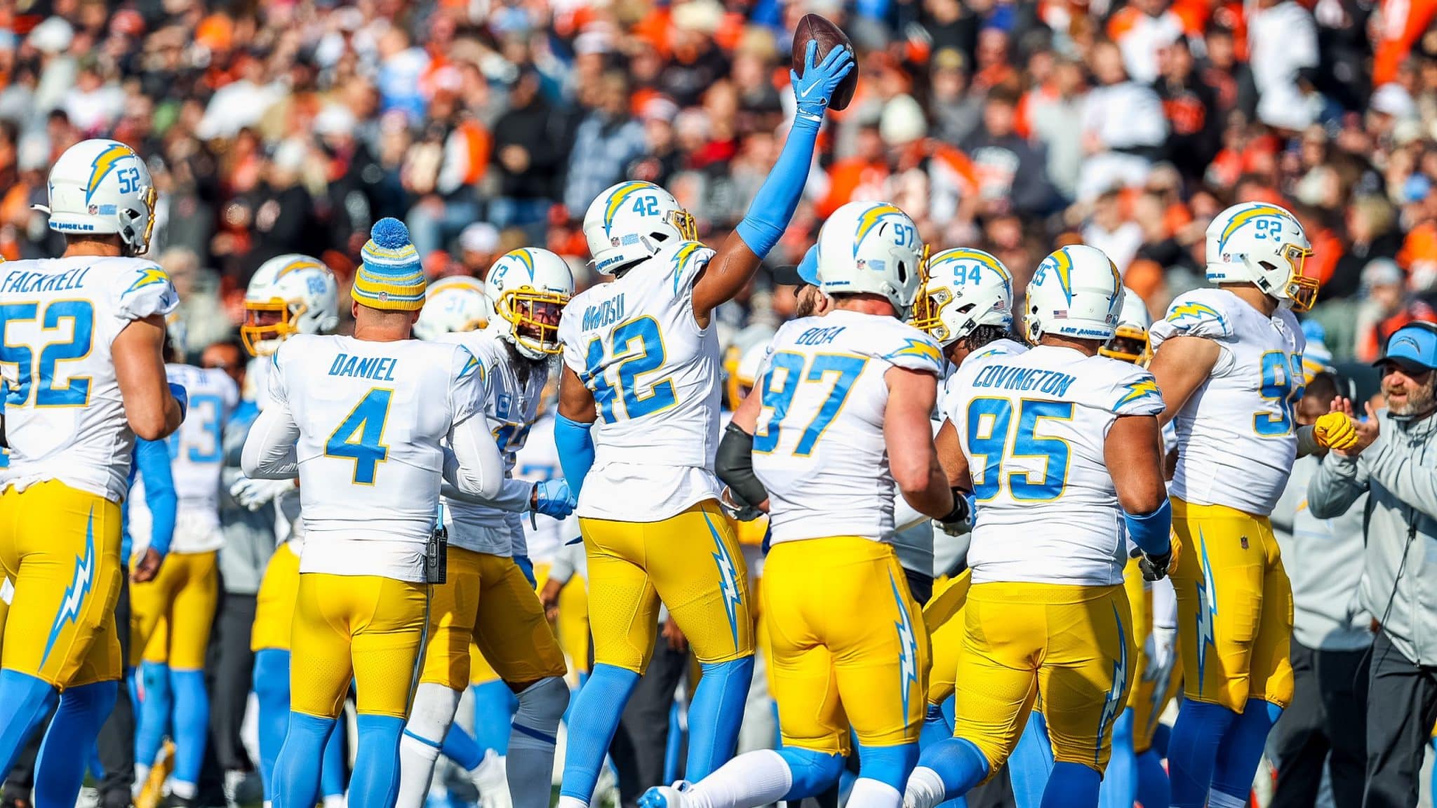 Los Angeles Chargers linebacker Chris Rumph II (94) tackles Los