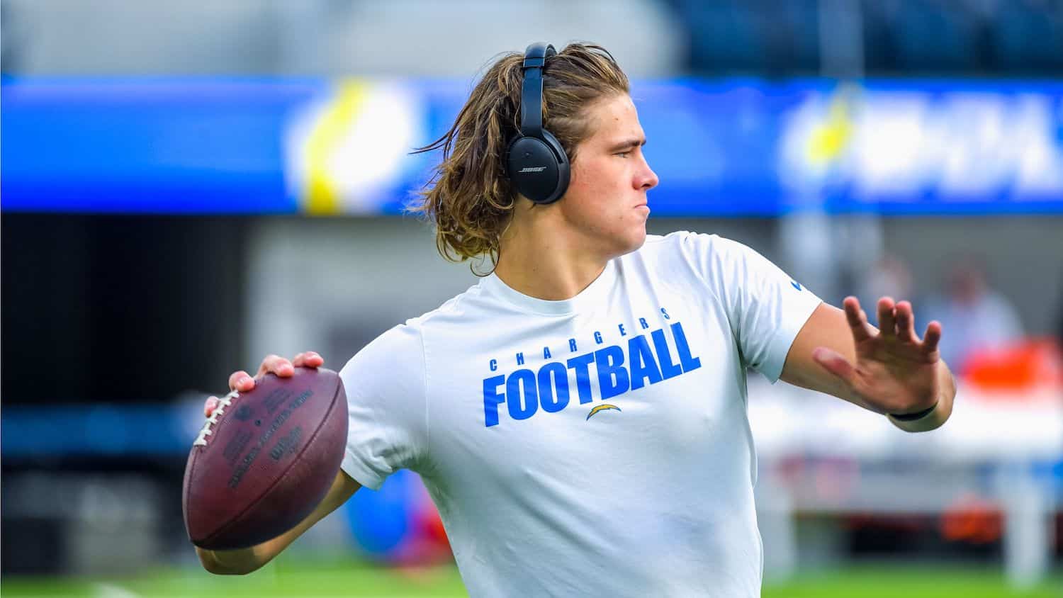 Los Angeles Chargers Quarterback Justin Herbert Warms Up For A Game Against The Broncos. Photo Credit: Mike Nowak | LA Chargers
