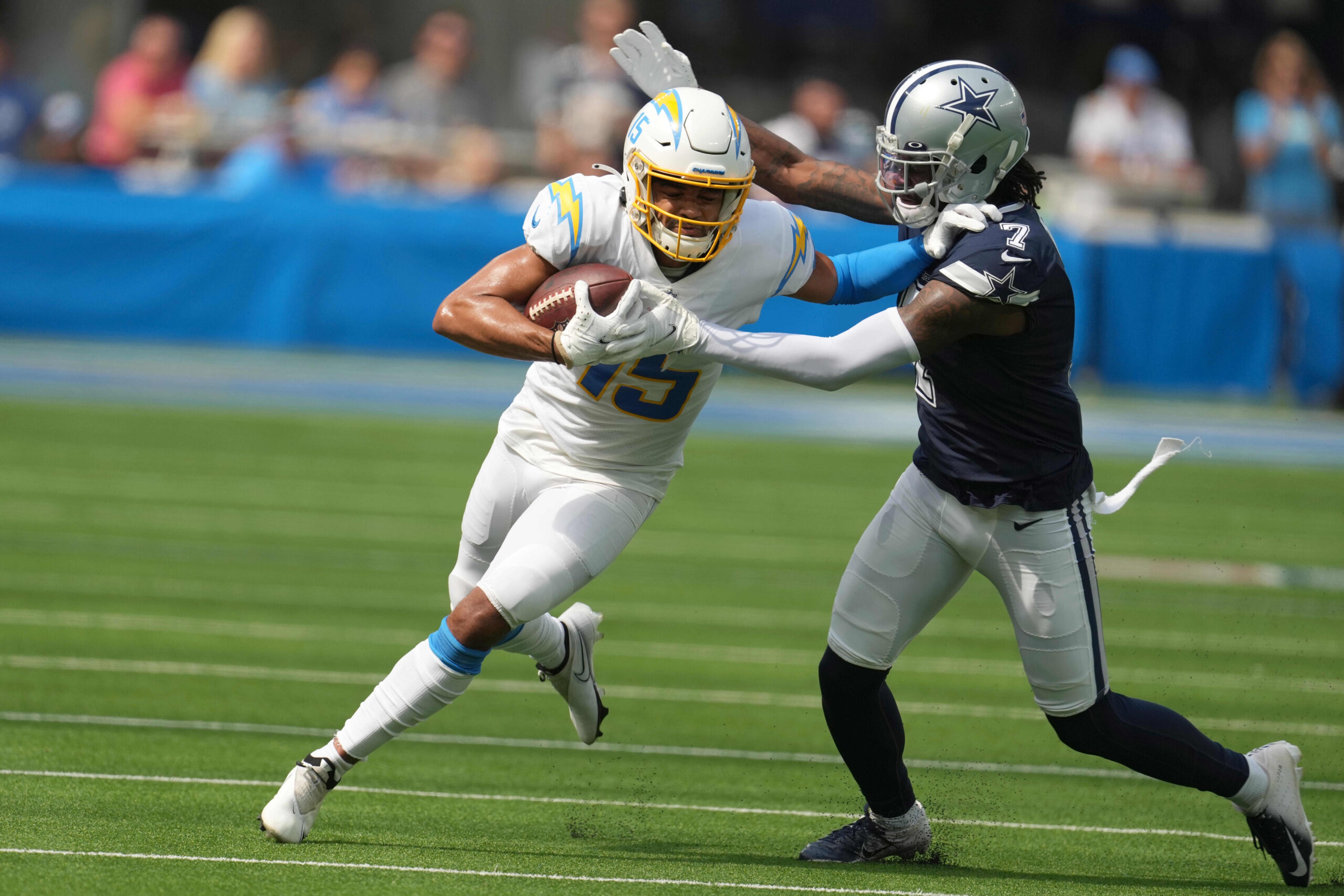 Los Angeles Chargers wide receiver Jalen Guyton (15) runs a route while  playing the Los Angeles